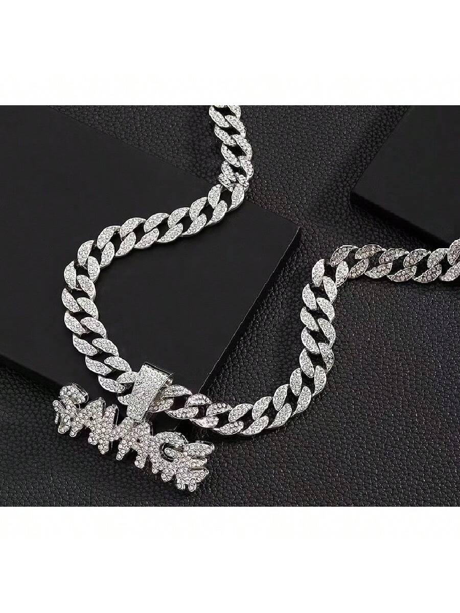 1Pc Fully Rhinestone Hip Hop Cuban Big Heart Pendant Necklace, Fashionable Bling Statement Necklace for Christmas Party Gift